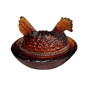 Vintage Mini  Amber Red Glass Hen On The Nest Salt Cellar Trinket Box